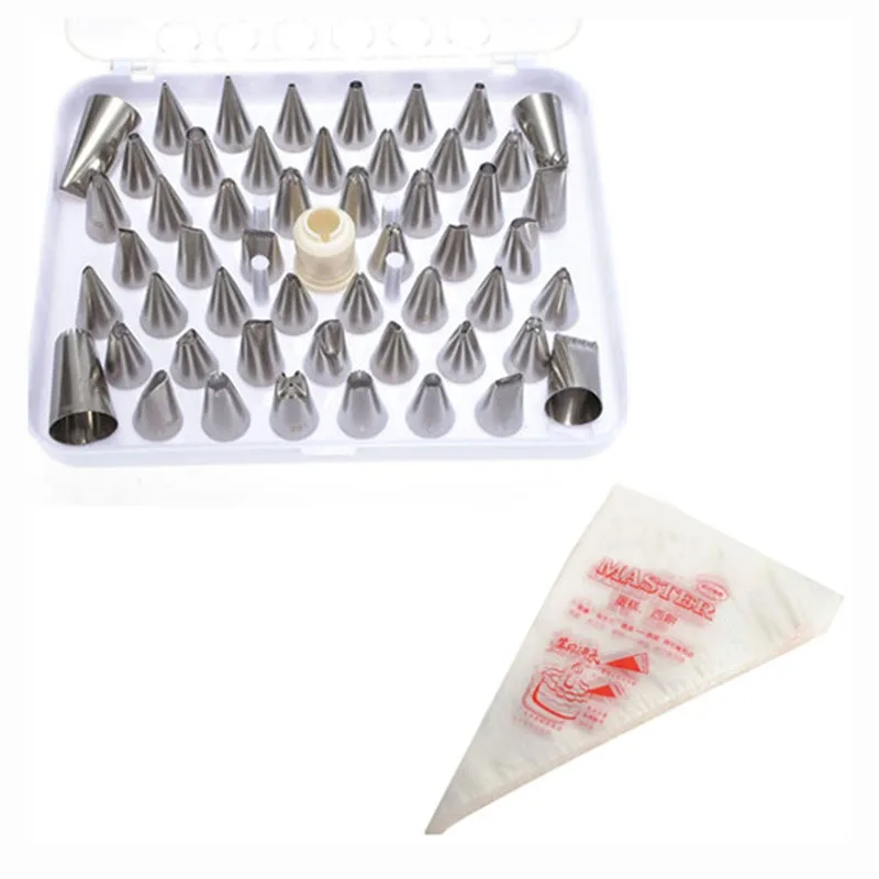 

HOT 52 Socket Cap Gateau +100 disposable pastry bag cake Nozzles pocket Silver
