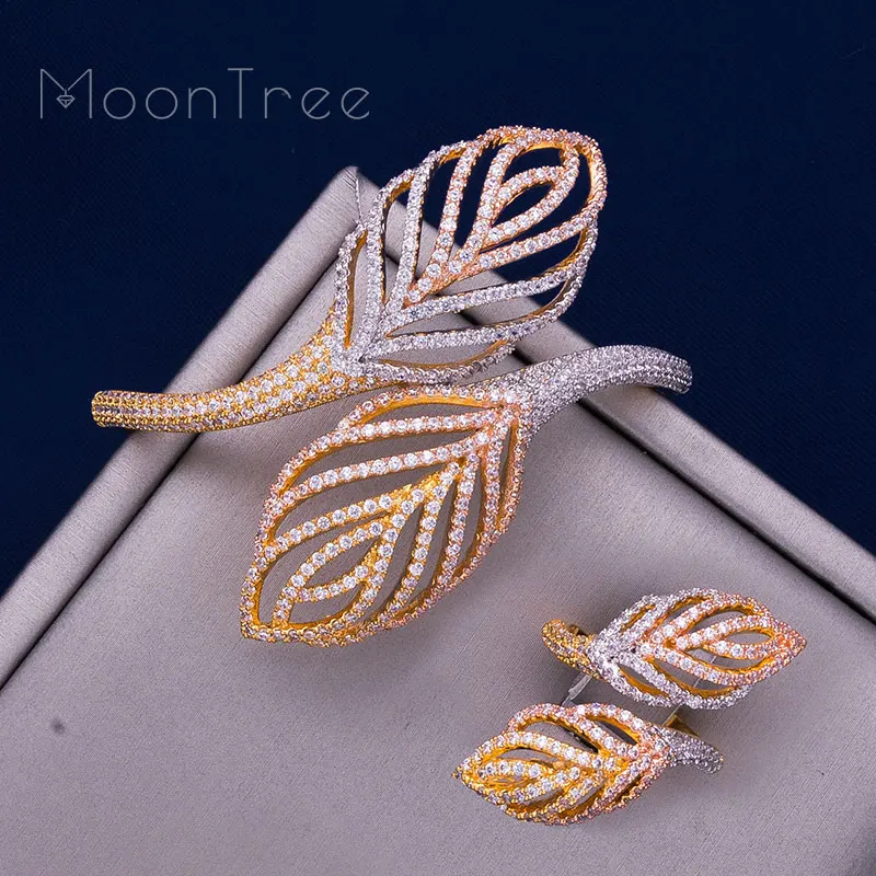 

ModemAngel Luxury leaves Rhinestones Wedding Jewelry Sets Cubic Zircon Three Color Copper Feathe Shape Bracelets Bangle Ring