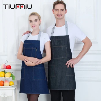 

New Denim Stripe Apron with Pocket Hanging Neck Women Men Kitchen Hotel Coffee Shop Bakery Chef Waiter Cleaning Work Wear Aprons