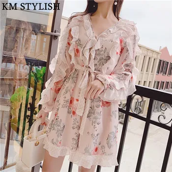 

Early Spring New Wooden Ear V-neck Print Elasticated Waist Playsuits Chiffon Lace Jumpsuit Shorts with Belt