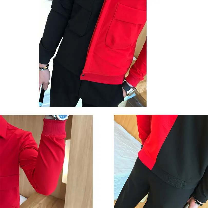 low cost  Red Black Fashion Mens Patchwork Jacket Slim Fit Single-breasted Casual Brand Jacket Men Hip Hop Me