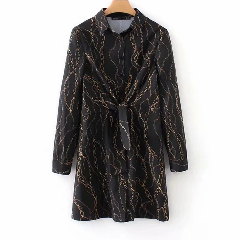 

Summer Women Fashion Chain Print Dresses Female Box Waist Long Sleeve Mini Dress Lady Casual Party Dress vestidos de fiesta