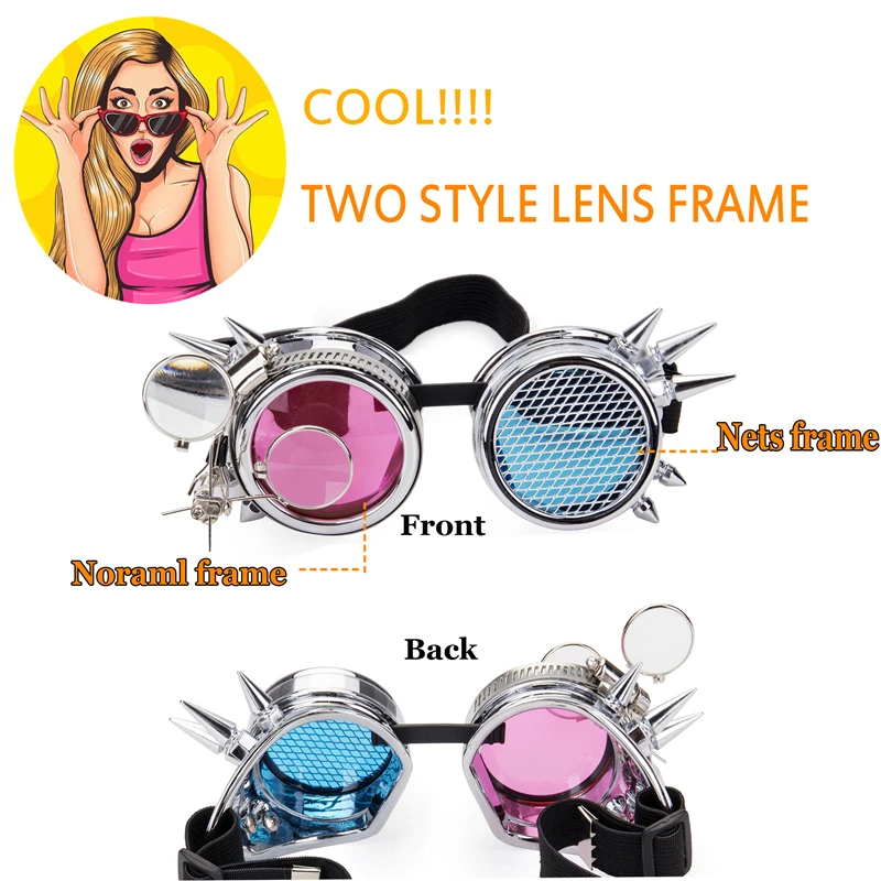 Punk Gothic Goggles with Various Lens Colors – Rainbow EDM Glasses Unisex Rivet Steampunk Eyewear for Cosplay and Vintage Gothic Look by FLORATA image 4