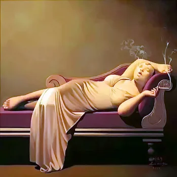 

Modern handmade painting Chinese painting woman smoking lie on the sofa on oil canvas for living room decor and wallpaper