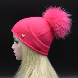 MIGEDE бренд 22 см Pom однотонная зимняя женская шапка девушки настоящий Енот мяч шерсть шапки толстые женские вязаные шерстяные шапочки шапка
