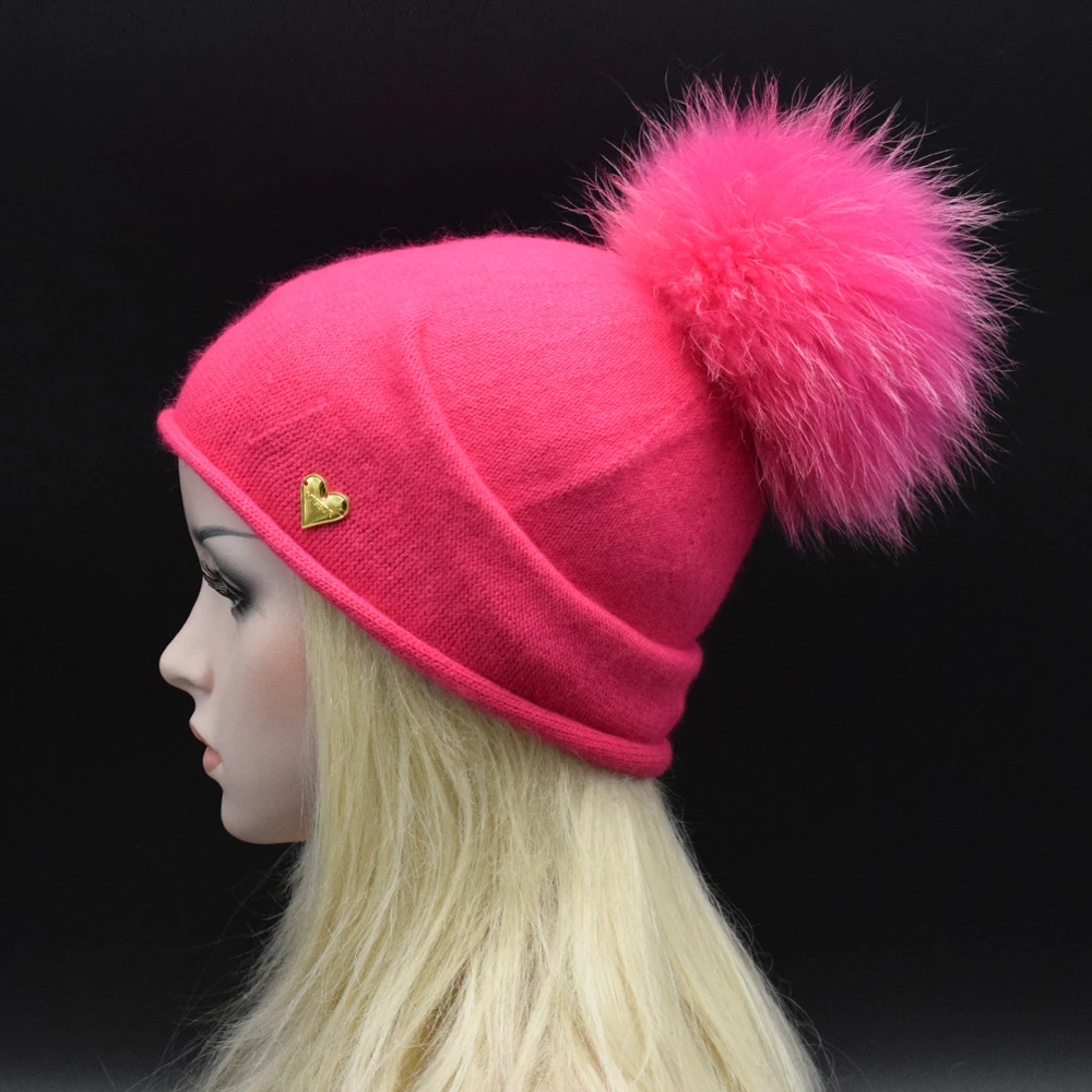 

MIGEDE Brand 22cm Pom Pom solid Winter Hat For Women Girl 's Real Raccoon Ball Wool Hats Thick Female Knitted Wool Beanies Cap
