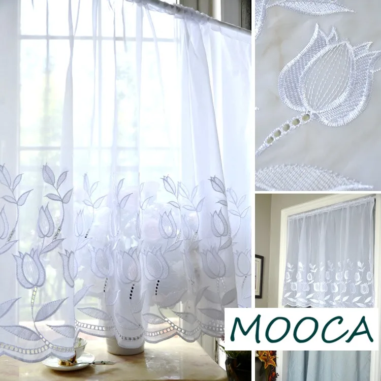 

White Embroidered Tulip short curtain for kitchen door curtain decorative