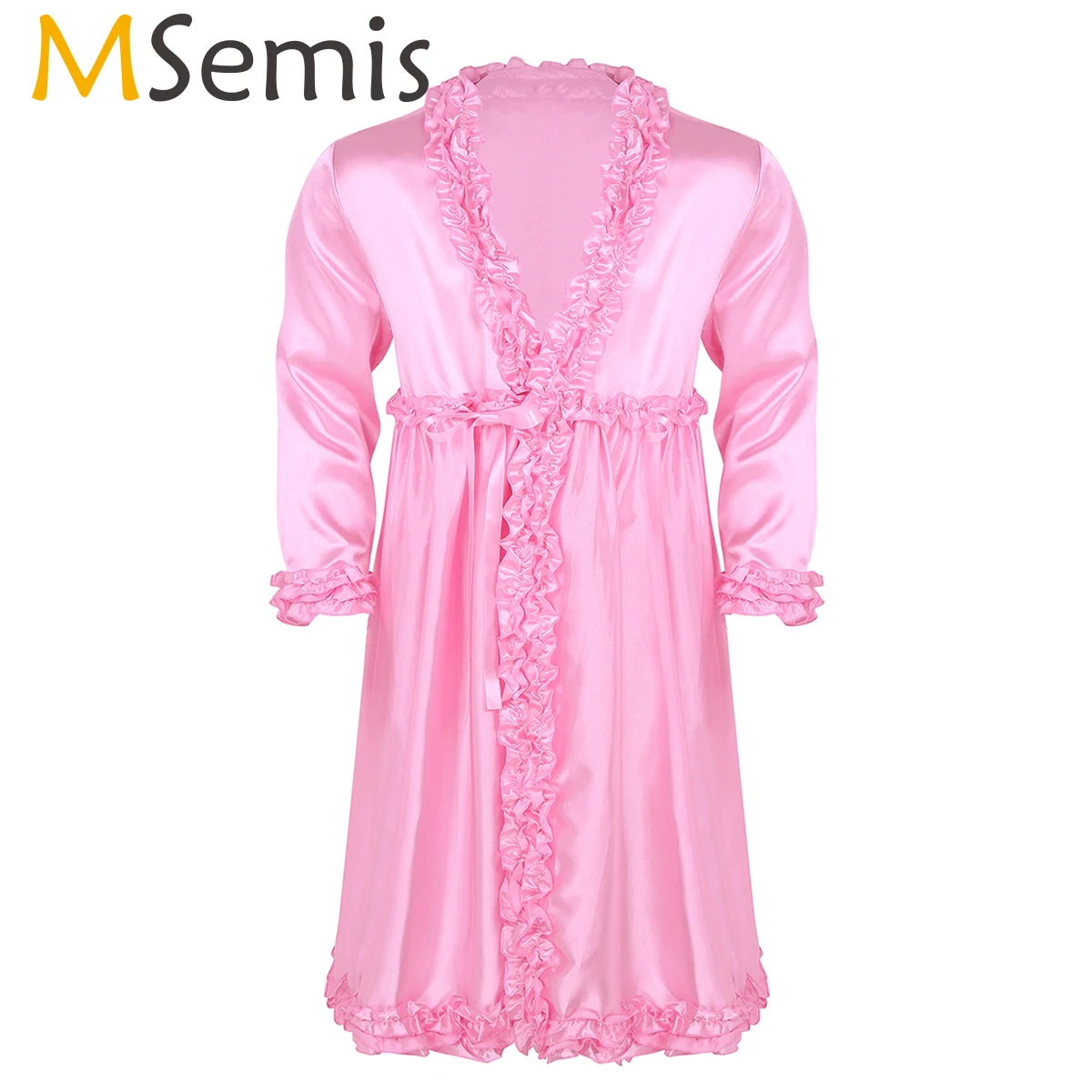

MSemis Men Sissy Silky Satin Sexy Dress Clothes Gown Bathrobe Lingerie Dress Frilly Ruffle Edges Nightgown Sleepwear Nightwear