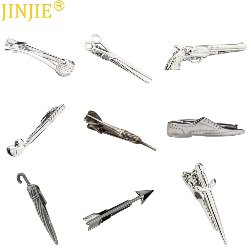 

2019 New Luxury Men's Tie Clips Silver Gun, Dart, Golf Shape Tie Bar Pilot Plane Sword Cufflinks Stick Pin Wedding Accessories
