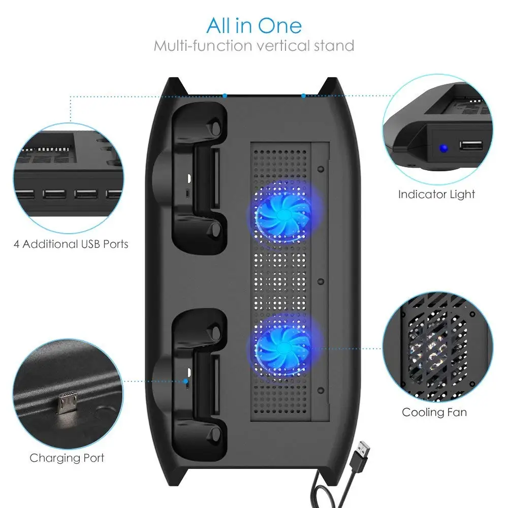  4 in 1 Vertical Stand for Xbox one S with 4 USB Ports Hub + Cooling Fan + Controller Charger Dock f