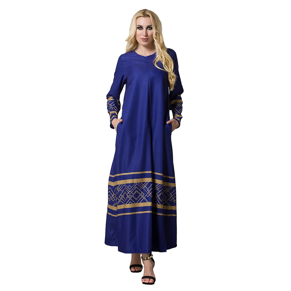 Women Print Front Zipper Patchwork Long Sleeve Turkish Islamic Muslim Abaya Maxi Dress Arabic