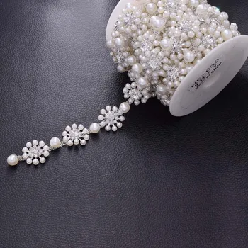 

DIY 5Yards White Pearl Rhinestone Trim Cup Chain Bridal Dress Belt Sash Applique Sew on Accessory Flat Back Glass Stone HF-639