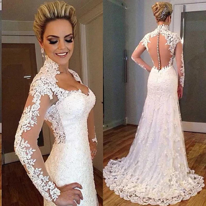 

Vestido De Noiva Mermaid Long Wedding Dress Sexy Illusion Lace Bridal Gowns Robe De Mariee 2019 Trouwjurk White Wedding Dresses