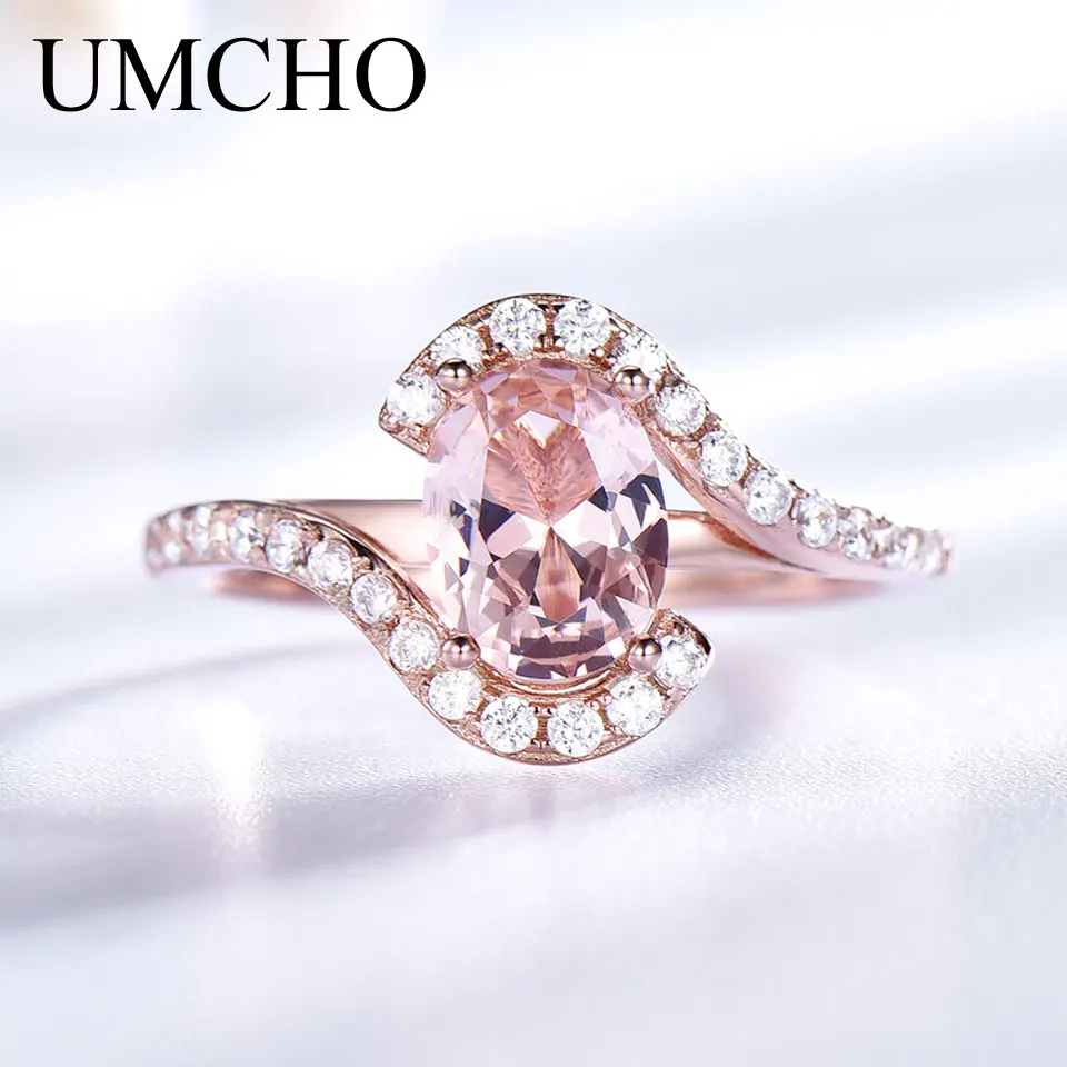 UMCHO Pink Sapphire Rings for Women Solid Sterling Silver Morganite Engagement Rose Gold Color Wedding Promise Band Gift For Her
