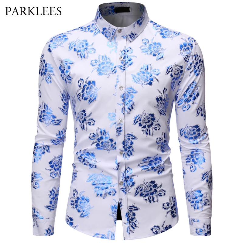 

Night Club Party Trend Printing Shirt Men's 2019 New Fashion High Quality Long Sleeve Men Casual Slim Fit Floral Dress Shirt