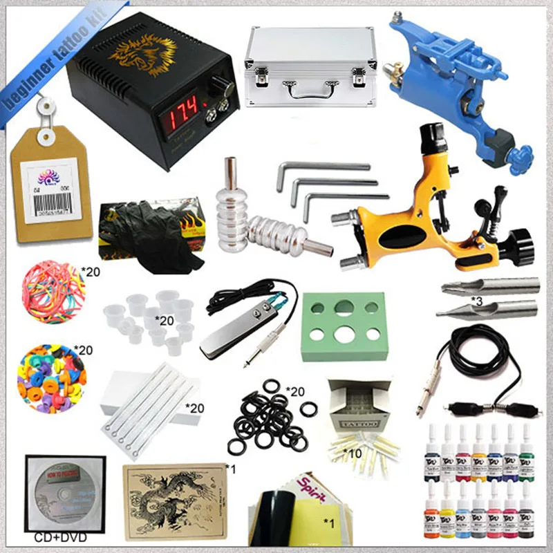 Hot sell starter 2 rotary tattoo kit with teaching CD, Complete tattoo