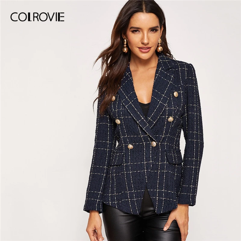 COLROVIE Navy Plaid Notched Double Breasted Ladies Blazer Women Blazers