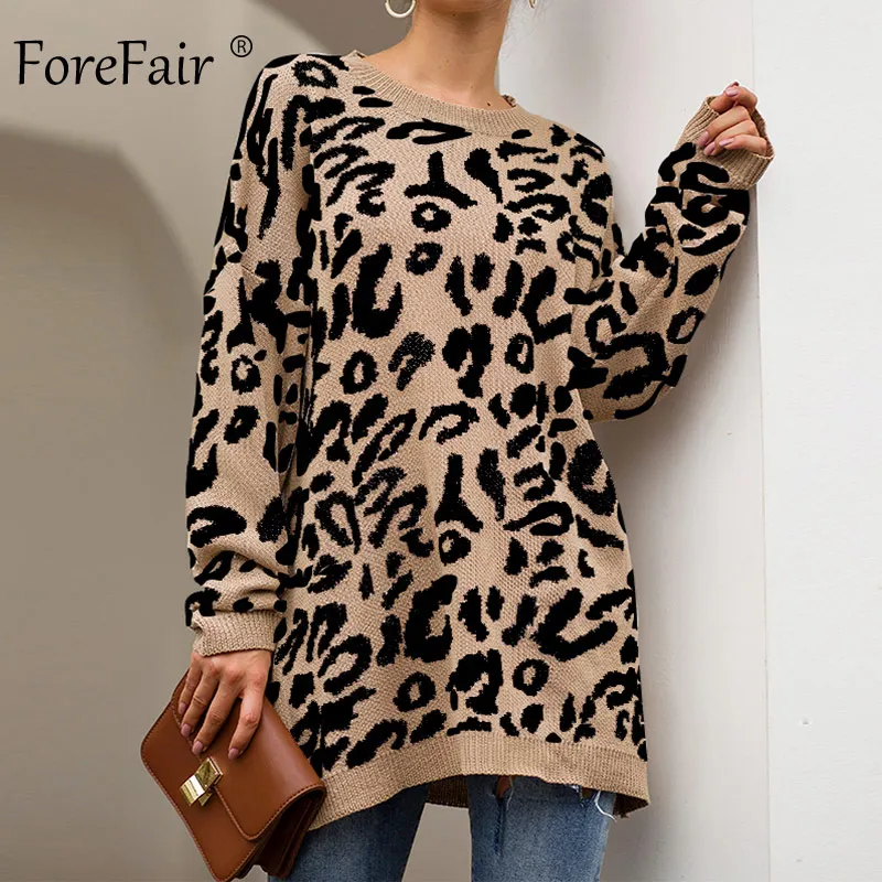 Цена Forefair, Леопардовый Повседневный свитер выше размера, женский, осень 2019, зимний, вязаный, с животным принтом, размера плюс, свободный, длинный, ...