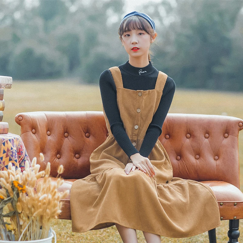 Mori Girl винтажный сарафан 2019 Новая мода осень зима женские длинные вельветовые