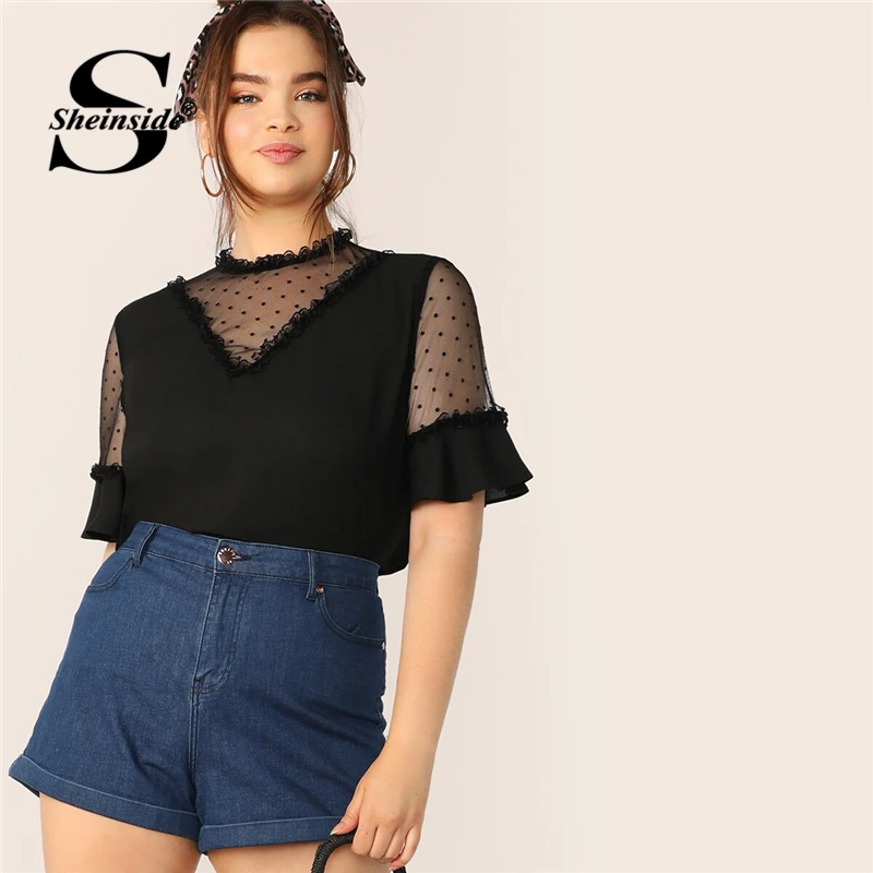 

Sheinside Plus Size Lace Frill And Mesh Insert Bell Sleeve Top Women 2019 Summer Short Sleeve Solid Tee Ladies Elegant Black Top