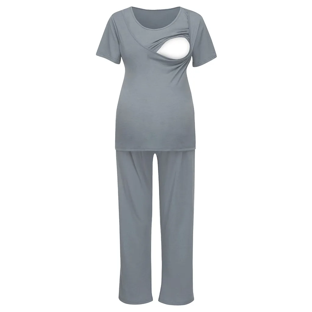 Пижамный комплект для кормления, летний женский однотонный топ и штаны, одежда для сна, повседневная детская футболка, Одежда для беременных, для грудного вскармливания, 19Apr3