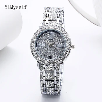 

Luxury Expensive Sparkly full Shiny Crystal Quartz Watch White and Gold color Excellent Big Watches for Women
