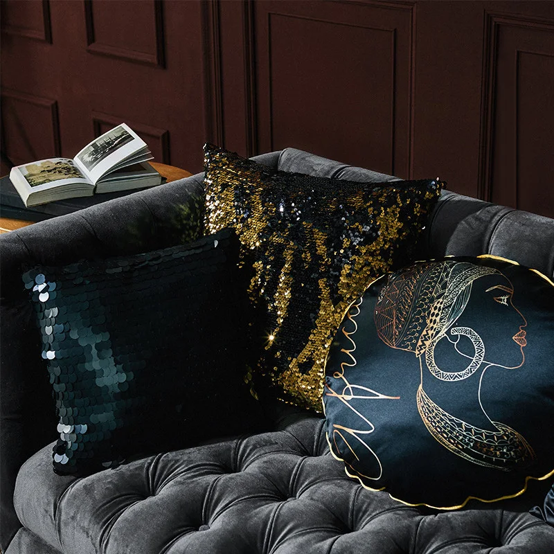 

African Girl Exotic Style Cushion Cover Black Gold Sequins Pillow Cover Noble Decorative Pillows Sweet Cojines Weddding Cushions
