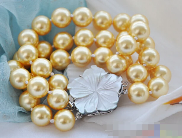 

FREE SHIPPING>>>@@ > 01327 3row 8" Golden Round South Sea Shell Pearl bracelet