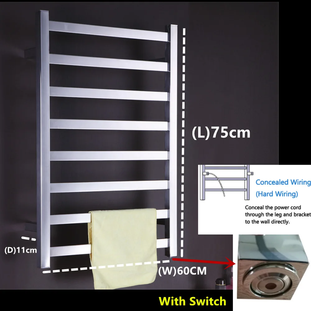 Новинка, электрическая квадратная сушилка для полотенец, настенная, полированная, 304, нержавеющая сталь, полотенцесушитель, полотенцесушитель, TW-RT8 - Color: Hard wire and switch