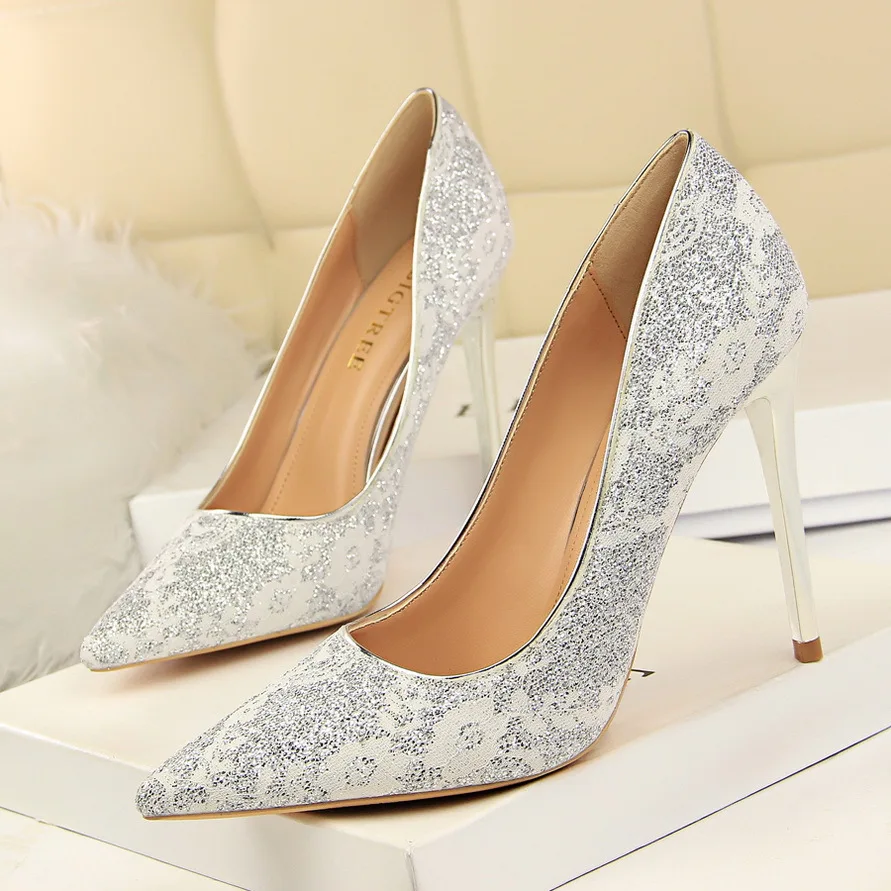 

Women Pumps High Heels 2019 New Ladies Shoes Lace Sequined Cloth Wedding Shoes Women Pointed Toe Shallow Fashion Party Shoes