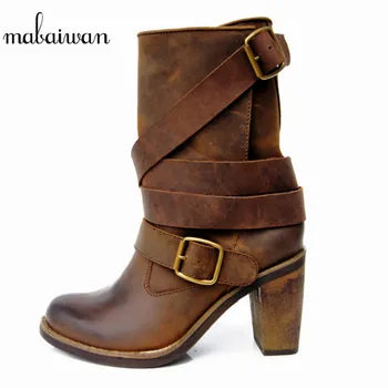 

Mabaiwan 2017 Brown Genuine Leather Winter Women Boots High Heels Flat Shoes Women Booties Militares Mid Calf Riding Boots Pumps