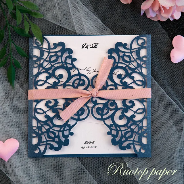 50pcs dark navy blue wedding invitations card pearl paper laser