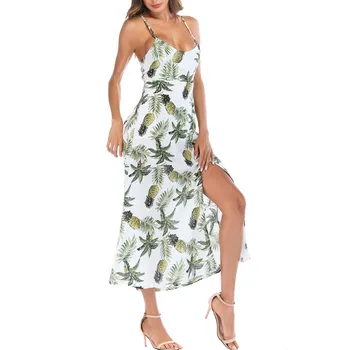 

Dress a-line Floral Pineapple V-Neck Bohemian Pineapple Print Pop Backless Lady Beach Sundrss Sexy Dress Summer