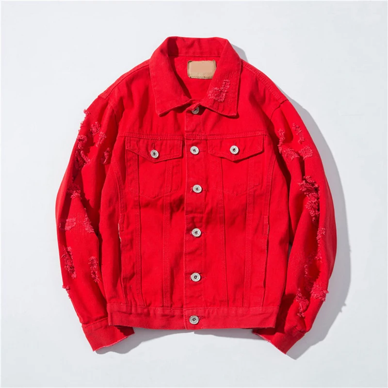 Frayed Hole Jeans Jacket Men Slim Fit Pink Bomber Jacket Mens Hip Pop Streetwear Jacket Men Button Spring Autumn