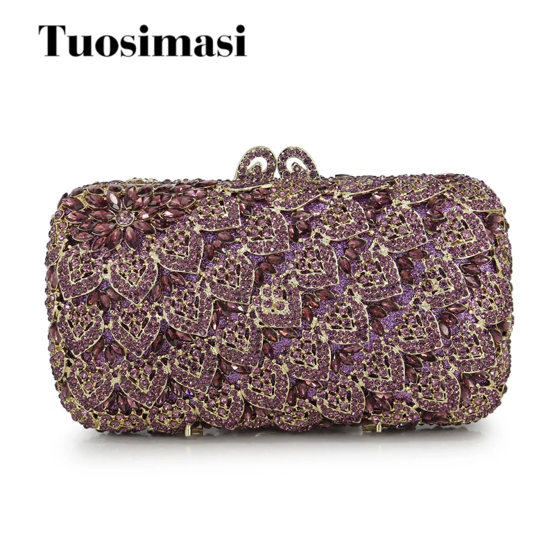 

Amazing Bling Hollow Out Purple Bridal Crystal Evening Bag Women Gold Metal Clutches Wedding Banquet Party Handbag(88234-PG)
