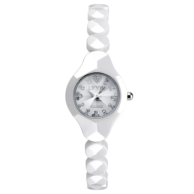 LVYIN женские керамические кварцевые часы сердце кристалл милые простые наручные часы золотые маленькие часы группа бизнес Relogio LY015 - Цвет: White Silver
