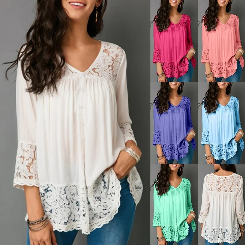 Womens Long Sleeve Splice Shirt Women Button Tunic Top Casual Loose Patchwork Lace Blouse Pullover 5XL |