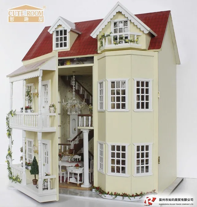 wooden dollhouse with lights