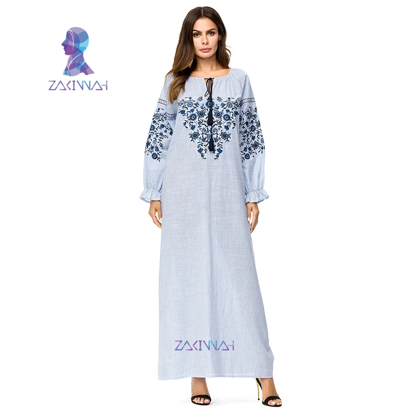 

Muslim Denim Dress Abayas For Women Flowers Embroidery Women Dress Turkey Malaysia Turkish Muslim Abaya Holiday Arabic Robe