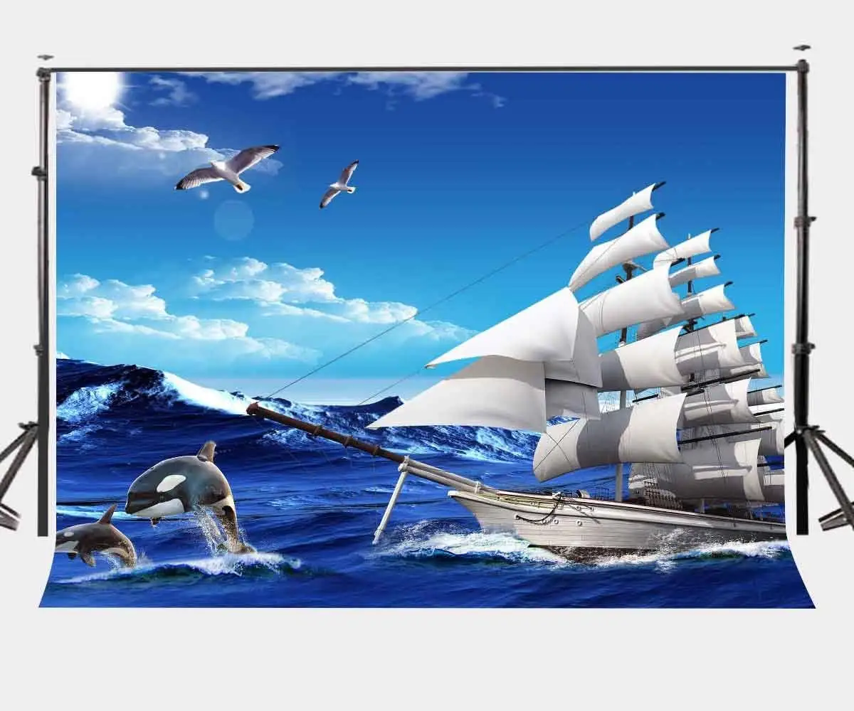 7x5ft абстрактная картина с изображением моря фон парусный корабль Seagulls и дельфины