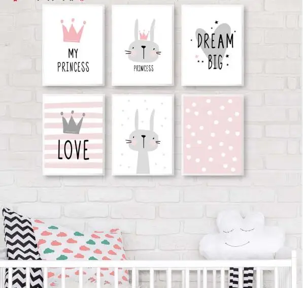 

Pink Cartoon Nursery Girl Wall Picture Poster & Print Rabbit Crown Baby Room Modern Canvas Painting Kids Children Wall Art Mural