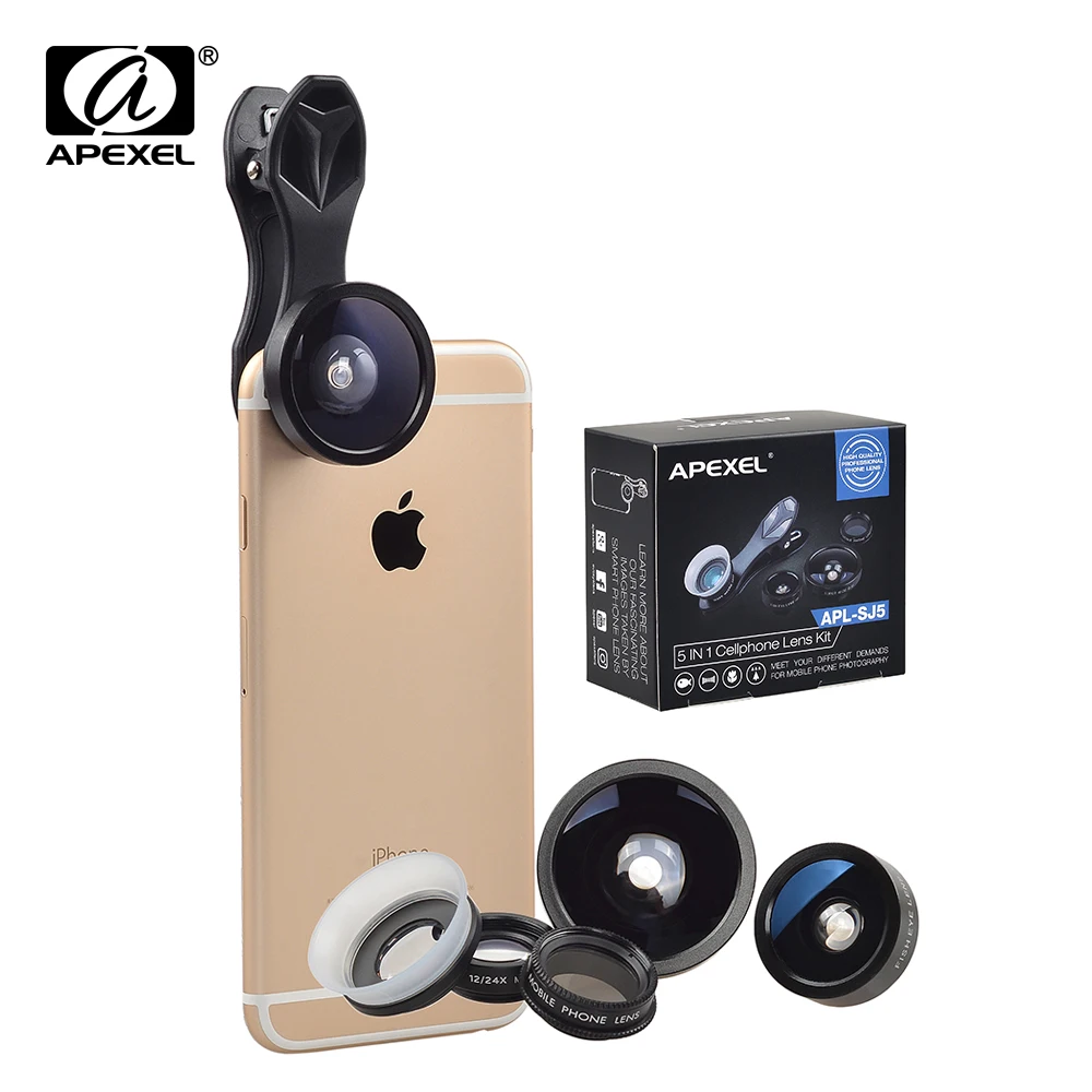 imágenes para Apexel 5 en 1 fisheye gran angular macro lente cpl cámara kits lentes de clip universal para el teléfono móvil para xiaomi iphone 7 6 plus sj5 imágenes para Apexel 5 en 1 fisheye gran angular macro lente cpl cámara kits lentes de clip universal para el teléfono móvil para xiaomi iphone 7 6 plus sj5