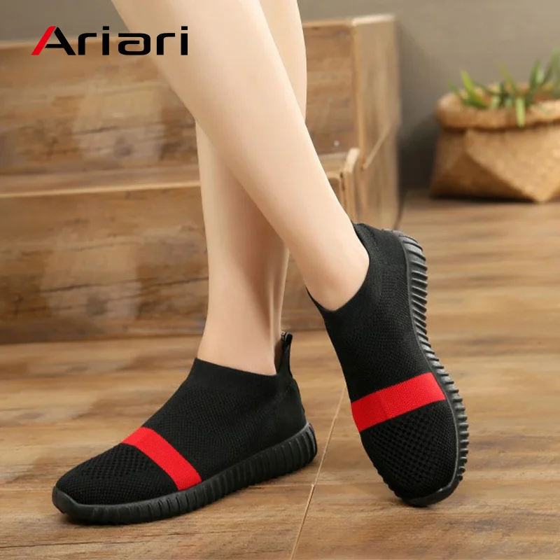 

Ariari 2019 breathable air mesh sneakers women spring High Top summer slip on platform knitting flats soft walking Sock shoes