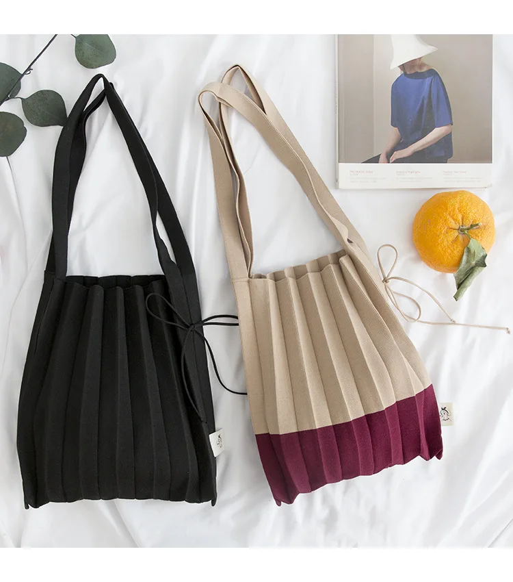 Шерстяные вязаные плиссированные сумки, лоскутные сумки для покупок на шнурке, повседневная большая сумка на плечо для девочек, Корейская японская шикарная маленькая сумочка