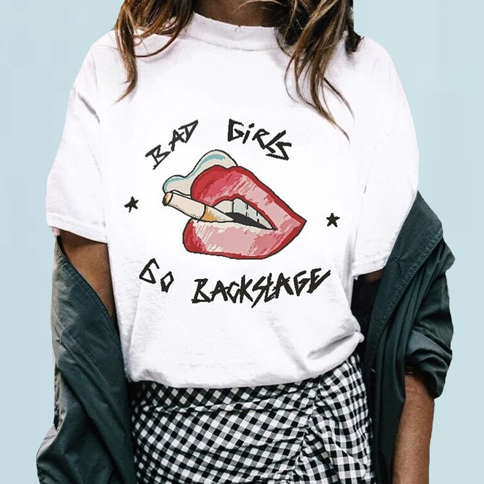 

Bad Girls Club Gothic Letter Vetement Femme 2019 New Letter Print Female Shirt Harajuku Punk Rave Clothes Red Lips T Shirt Women