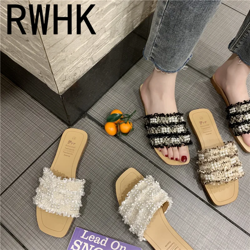 

RWHK 2019 summer new style open-toe flip-flops women wear fashion pearl cloth flat-bottomed slippers wild slippers B144