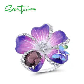 

SANTUZZA Silver Ring For Women 925 Sterling Silver Purple Flower Butterfly Delicate Ring Party Chic Jewelry Handmade Enamel