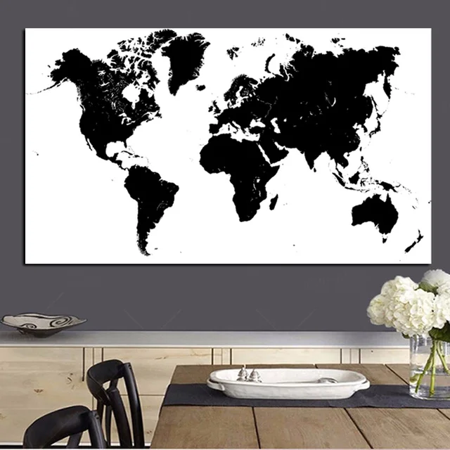 Black and White World Map Printed on Canvas 1