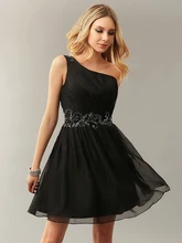 Einfache Schulter Frauen Kleine Schwarze Kleider A-line Chiffon Perlen Beiläufige Sommer Cocktailkleider Informellen Echt Bilder