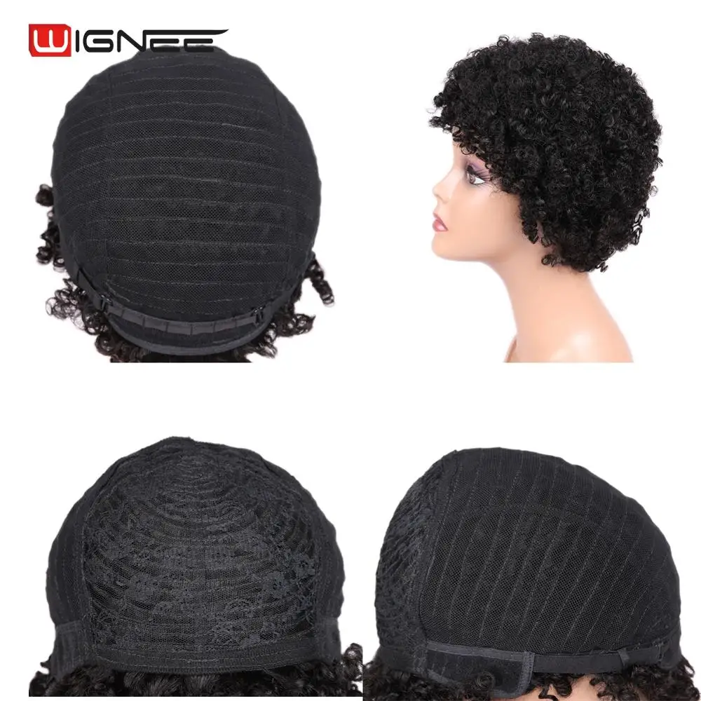 Wignee Short Afro Kinky Curly Human Hair Wigs For Black/White Women Remy Brazilian Glueless Curly Human Wig 2#/1#/99J/Brown Hair